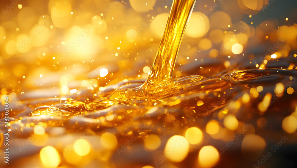 Poster golden liquid flows gracefully, creating sparkling reflections and a mesmerizing effect in soft ligh
