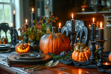 A beautifully arranged table adorned with carved pumpkins, flickering candles, and autumn decorations, creating a warm Halloween atmosphere