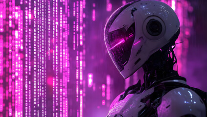 Fototapeta premium Futuristic robot with neon lights and digital elements showcasing advanced technology and artificial intelligence.