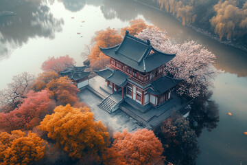 Japan castle in autumn season , Japan temple with yellow leaf tree near the lake, Stone fortress among the yellow leaf tree.	