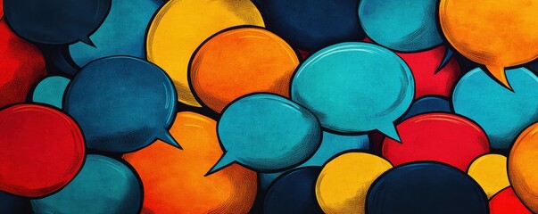 Colorful speech bubbles in vibrant hues create a lively background for communication and dialogue themes.