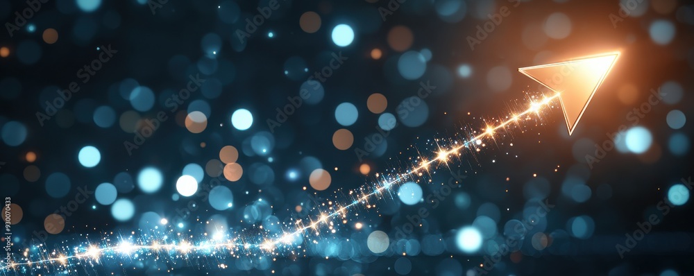 Poster dynamic arrow symbolizing growth and progress, set against a backdrop of vibrant bokeh lights. perfe