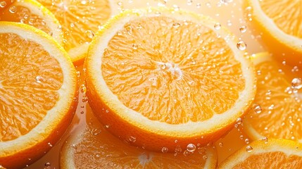 Fresh orange slices submerged in sparkling water, showcasing vibrant colors and refreshing texture for a juicy visual appeal.