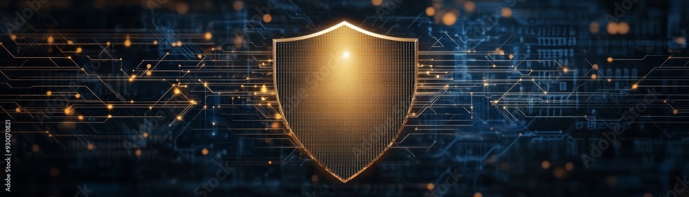 Aufkleber golden shield symbolizing security and protection over a digital background with circuitry and glowi
