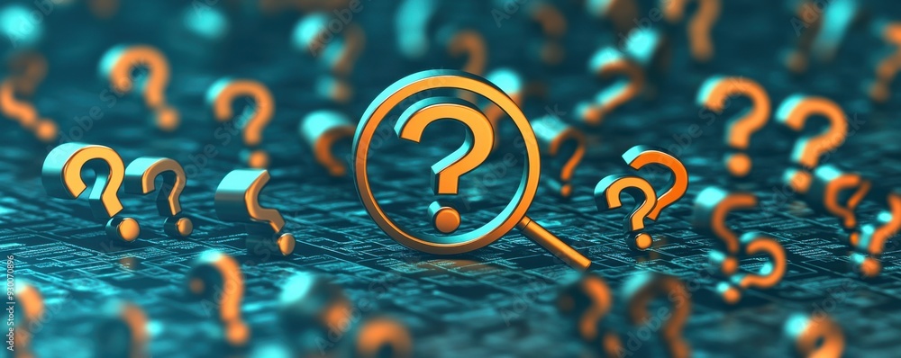 Poster an abstract representation of curiosity and inquiry with magnifying glass and question marks in vibr
