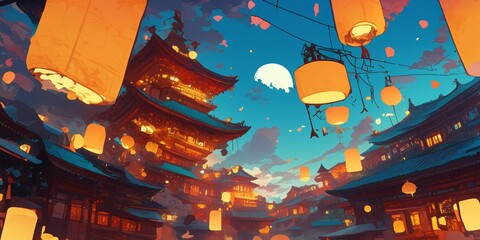 Naklejka premium Illuminated Chinese Buddhist Temple Celebrating Mid-Autumn Festival: Enchanting Night Scene with Traditional Lanterns. AI-Generated Digital Art in Anime Style for Marketing, UI Design, and Seasonal Gr