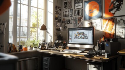 A desk in an artist's studio, filled with art supplies