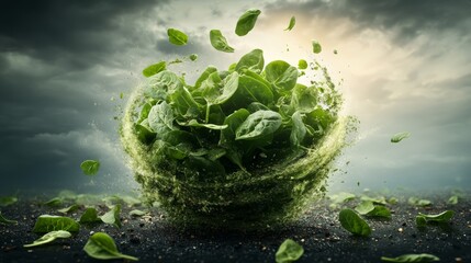 Fototapeta premium Vibrant green leaves swirl in a dynamic, energetic display, symbolizing nature's vitality and freshness against a dramatic sky.