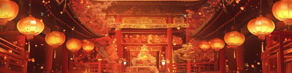 Obraz premium Illuminated Chinese Buddhist Temple Celebrating Mid-Autumn Festival: Enchanting Night Scene with Traditional Lanterns. AI-Generated Digital Art in Anime Style for Marketing, UI Design, and Seasonal Gr