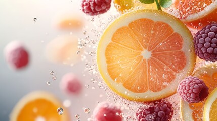 Fresh citrus slices and raspberries splash in water, creating a vibrant and refreshing scene ideal for summer and healthy living.