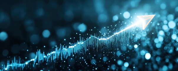 Dynamic light trail with upward arrow, symbolizing growth, progress, and innovation against a vibrant blue background.