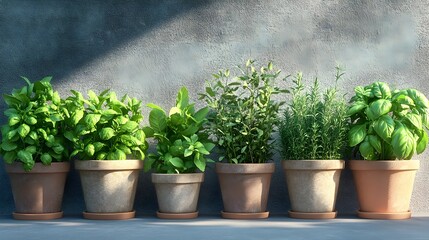 Lush Organic Herb Garden in Pots with Basil Mint and Rosemary