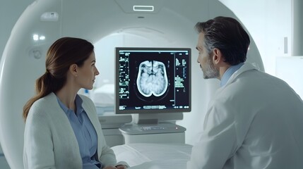 Medical Professional Reviewing CT Scan Findings with Patient on Monitor