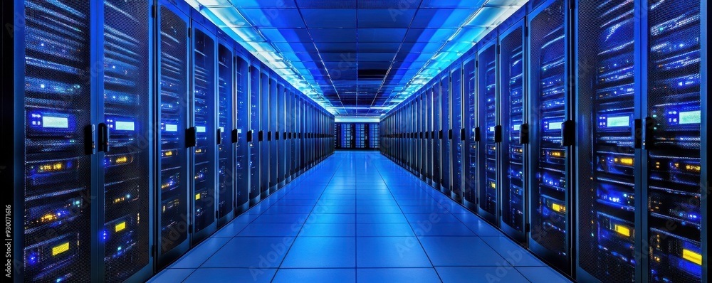 Poster an expansive server room illuminated by blue lights, showcasing rows of high-performance servers in 