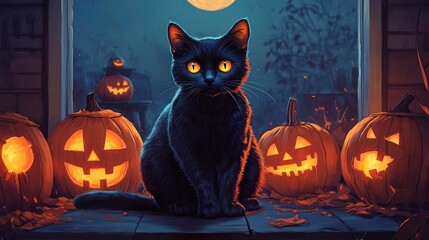 A mysterious black cat sits among glowing pumpkins, creating a spooky atmosphere for a Halloween night.