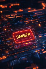 A glowing red warning icon with text "DANGER" inside, overlaid on a dark digital interface filled with code lines, symbolizing detected threats in a cybersecurity system. 