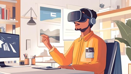 Man wearing VR headset working at desk.