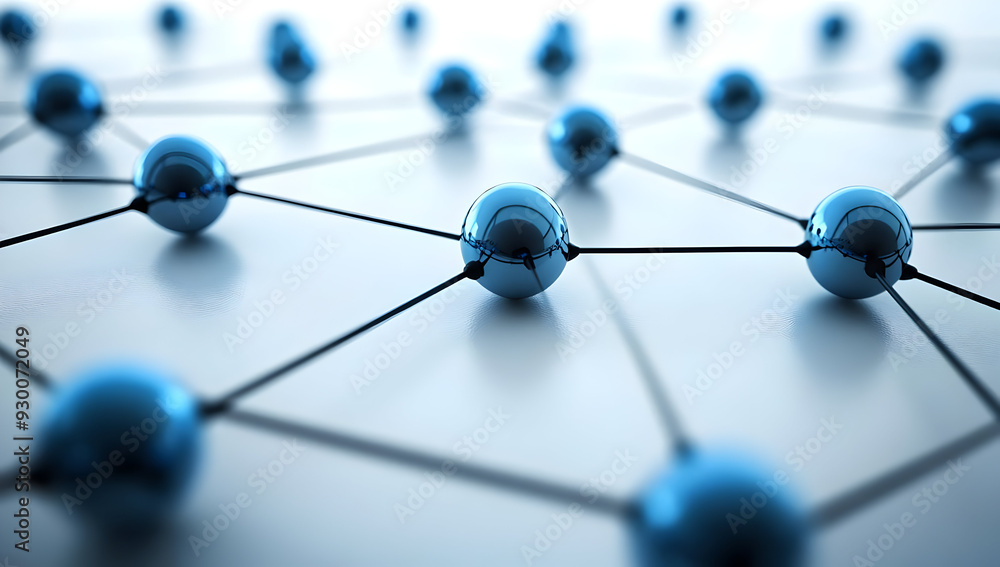 Poster abstract representation of a network with blue spheres and connecting lines, symbolizing connectivit
