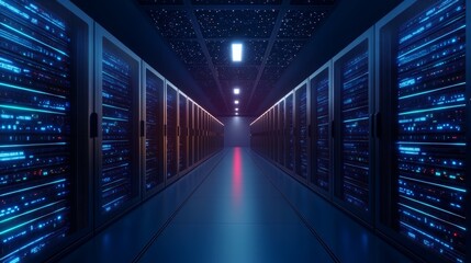 Fototapeta premium A futuristic server room with glowing blue lights, showcasing rows of modern servers in a technology-focused environment.
