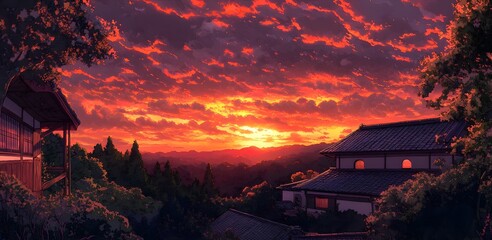 Peaceful sunset at the Panda Conservation Center, where warm oranges and purples paint the sky, creating a serene end to the day.