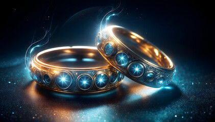 Close-up of ornate golden rings with glowing blue gemstones