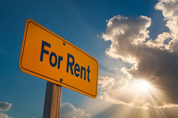 A clear 'For Rent' sign under a dramatic sunset sky, suggesting opportunity and potential for new tenants.