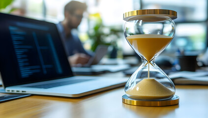 A close-up of an hourglass beside a laptop, symbolizing time management and productivity in a modern workspace.