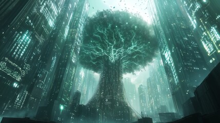Obraz premium In a futuristic city, glass skyscrapers and a radiant energy tree symbolize tech-spiritual harmony.