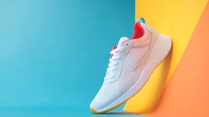 White sneaker with yellow trim on blue and yellow background.