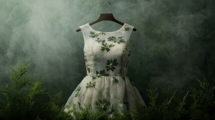 Elegant dress adorned with floral patterns, set against a mystical foggy background, perfect for fashion and nature-themed projects.