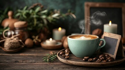 Fototapeta premium Rustic Coffee Setup with Latte Art in Green Cup and Candles on Wooden Table