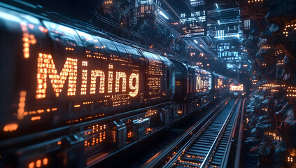 Fototapeta premium A futuristic mining scene illuminated by digital displays, featuring a mining train traveling through a high-tech corridor.