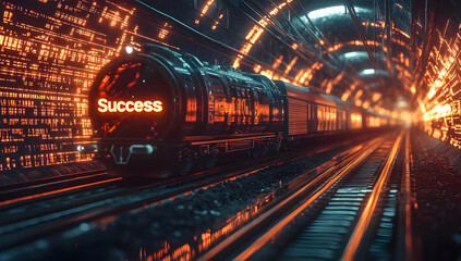 Fototapeta premium A futuristic train symbolizes success, traveling through a glowing digital tunnel, illustrating a journey towards achievement.