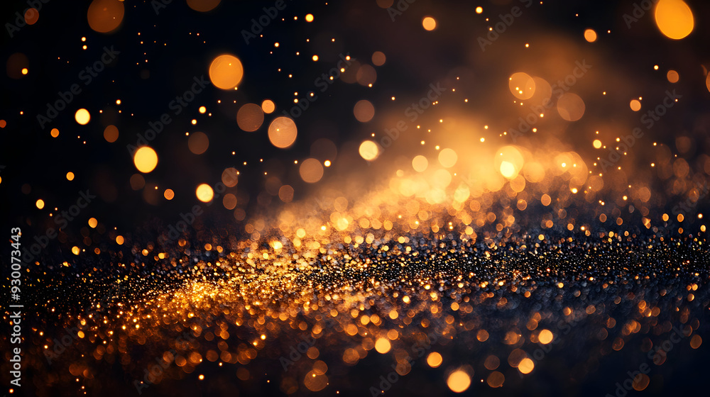 Poster a mesmerizing display of golden particles shimmering against a dark background, perfect for creating