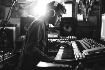 A man with headphones is a keyboard player