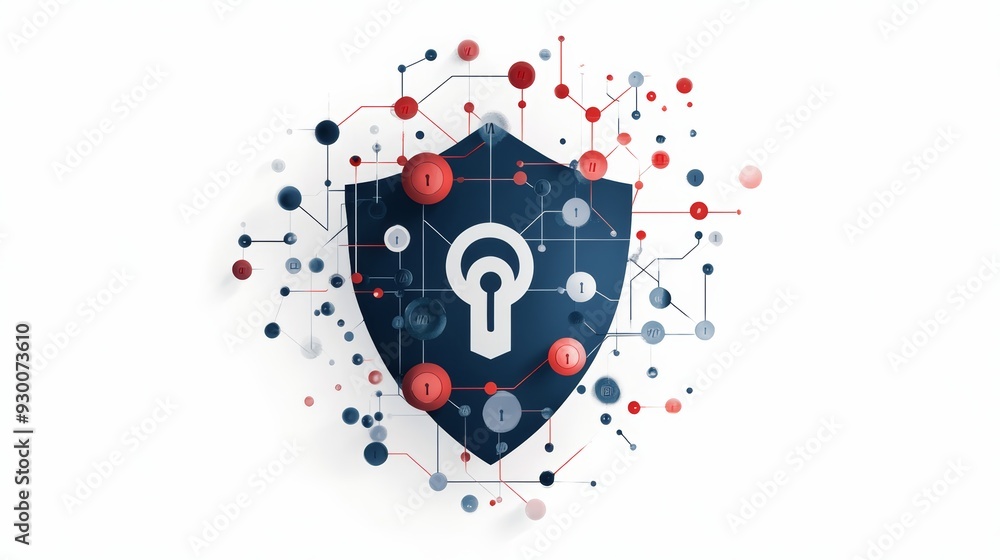 Poster a modern illustration of a shield symbolizing cybersecurity with keyhole design and abstract digital