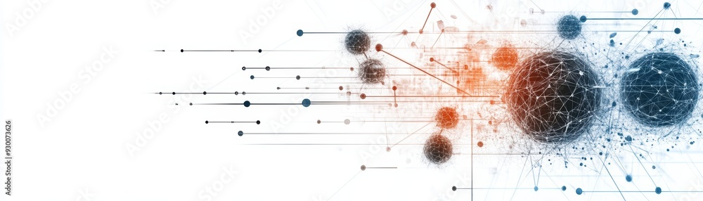 Poster abstract design featuring dynamic lines and spheres representing technology, innovation, and data co