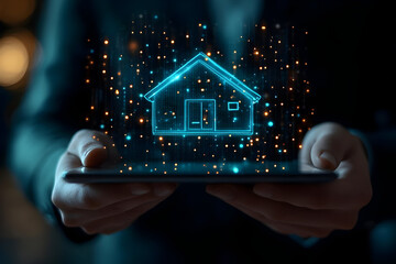 A person holding a tablet displaying a glowing digital house icon, representing technology, innovation, and smart home concepts.