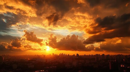 Fototapeta premium A view of clouds reflecting the golden light of the setting sun over a city skyline.