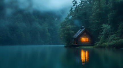 Fototapeta premium A serene cabin by a tranquil lake, illuminated at dusk, surrounded by lush forest and misty ambiance, perfect for relaxation.