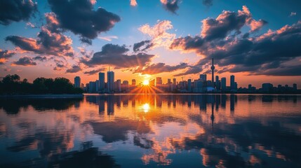 Naklejka premium A view of clouds reflecting the golden light of the setting sun over a city skyline.