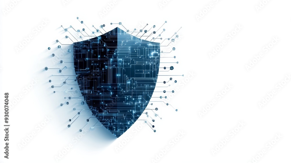 Poster digital shield symbolizing cybersecurity and data protection in a modern, technological context.