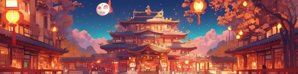 Fototapeta premium Enchanting Mid-Autumn Festival: Illuminated Chinese Buddhist Temple Adorned with Traditional Lanterns. AI-Generated Digital Art in Anime Style for Seasonal Marketing, UI Design, and Cinematic Greeting