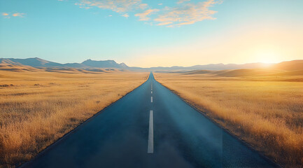 Naklejka premium A serene road stretches through golden fields under a clear blue sky, inviting travelers to explore the horizons beyond.