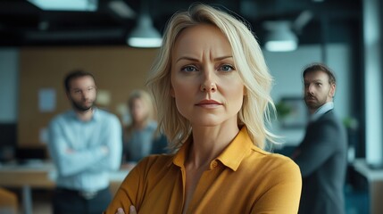 Obraz premium A confident woman in a yellow blouse stands in the foreground with her arms crossed, with three colleagues visibly blurred in the background.