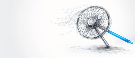  A simple sketch of an electric fan with a blue pen inserted beside it, against a pristine white backdrop