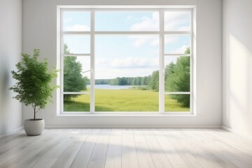 Obraz premium A White Room with a Large Window Looking Out to a Field and Lake