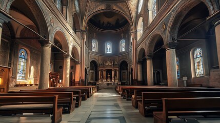 Fototapeta premium Empty Church Interior with Stained Glass Windows and Pews