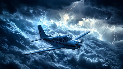 Fototapeta premium Skilled Pilot Navigating Small Plane Through Intense Storm with Lightning and Churning Clouds