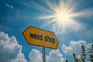 Fototapeta premium A vibrant weed shop sign under a bright sun against a beautiful blue sky with fluffy clouds, symbolizing contemporary culture.